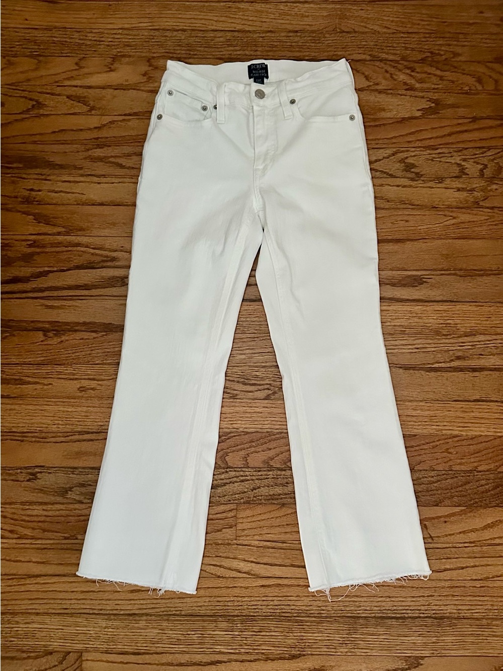 J. Crew Mid-Rise Flare Crop Jeans in White Signature Stretch - 24 Petite